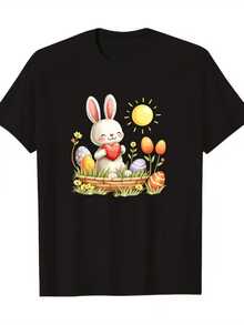 Conejo blanco sosteniendo un corazón rodeado de flores coloridas huevos decorados y un sol brillante que transmite alegría y ternura camiseta de mujer casual cómoda y moderna - Negro - Ver 8