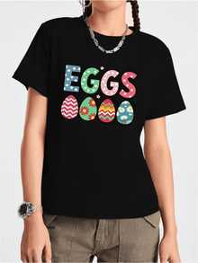 Colorful Eggs With Cheerful Patterns Symbolizing Renewal, Hope, And The Arrival Of New Opportunities. Comfortable Casual Women's T-Shirt With A Fun Print, Ideal For Expressing Positive Energy. - 黑色 - 查看 1