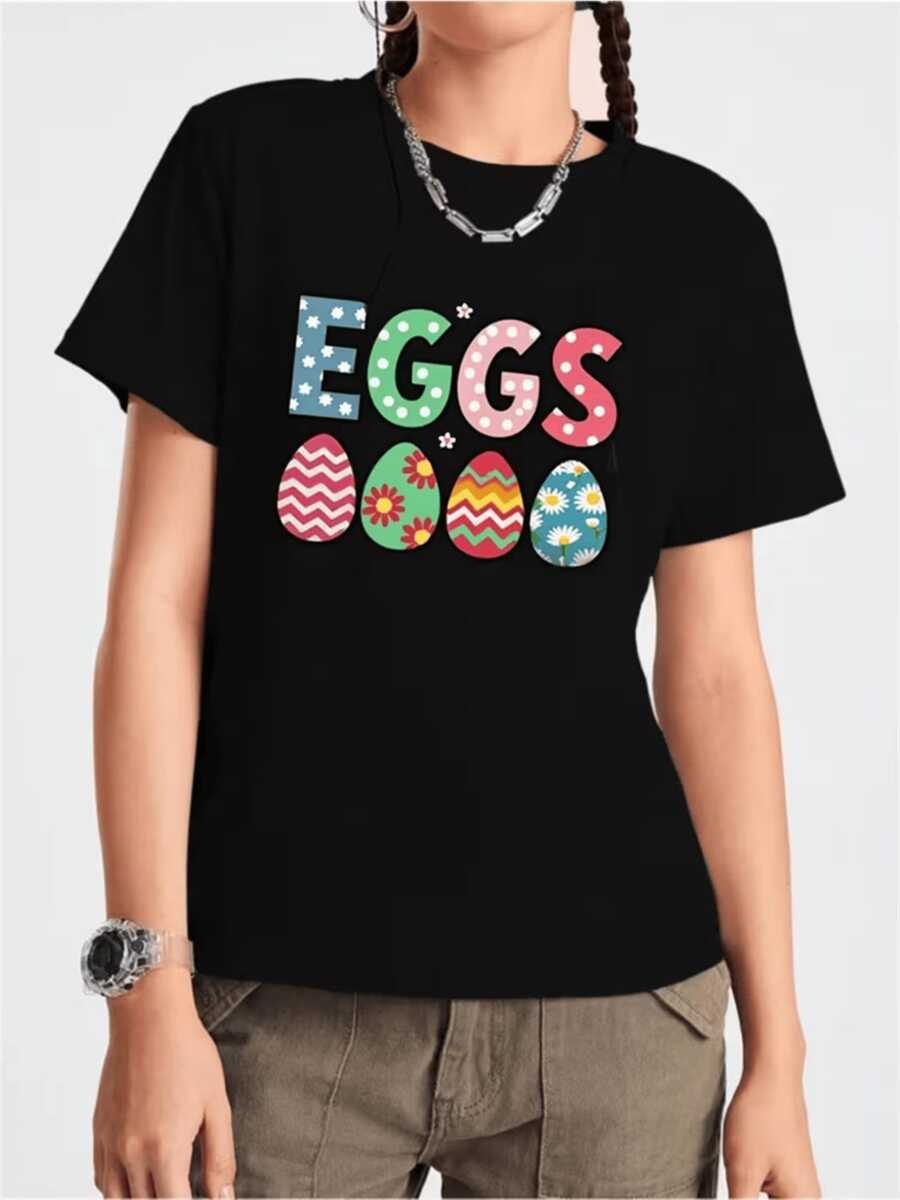 Colorful Eggs With Cheerful Patterns Symbolizing Renewal, Hope, And The Arrival Of New Opportunities. Comfortable Casual Women's T-Shirt With A Fun Print, Ideal For Expressing Positive Energy. - 黑色 - 查看 1