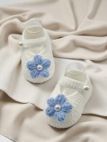 1 Pair Infant Christening Booties, White Pearl Knit Slippers, Infant Shoes - Blue - View 5
