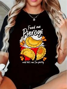 Tres empanadas doradas con trazos rojos y texto divertido inspirado en la pasión por la comida que refleja alegría y amor por los sabores auténticos camiseta de mujer casual moderna cómoda - Negro - Ver 1