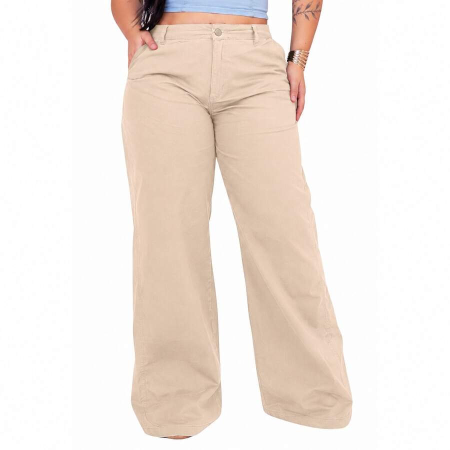 Plus Size Beige Wide Leg High-Waisted Palazzo Pants - Màu be - Xem 1