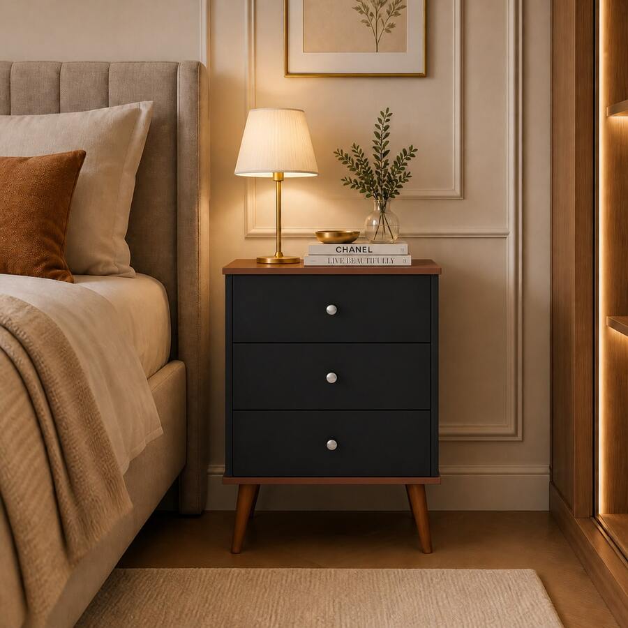 House Furniture Stores Mix Retro Bedside Table With 3 Drawers - 黑色 - 查看 1