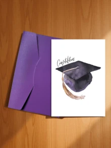 1/5 Set, Watercolor Purple & Black Graduation Cap Congratulation Card, Blank Inside Pages With Envelope For Graduates - A - View 17