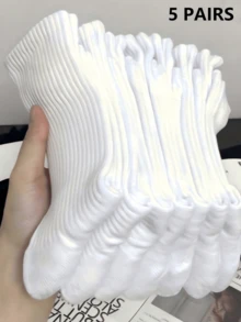 5 Pairs Men's Pure White Crew Sports Socks, Summer Style, Available In 1/3/5/10 Pairs, Crew/Ankle Length - White - View 8
