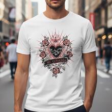 Sacred Heart Ex-Voto Tattoo Art Tee - Crimson & Charcoal Fine Line Design - Blanco - Ver 8