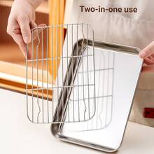 1 Set Of Heavy-Duty Stainless Steel Square Tray (1 Square Tray + 1 Filter Mesh), Multi-Purpose Flat Baking Pan, Oil-Draining Oven Tray. Ideal For Grilling, Cooking, And Kitchen Baking. Easy To Clean. Available In Three Sizes. - Silver - View 11