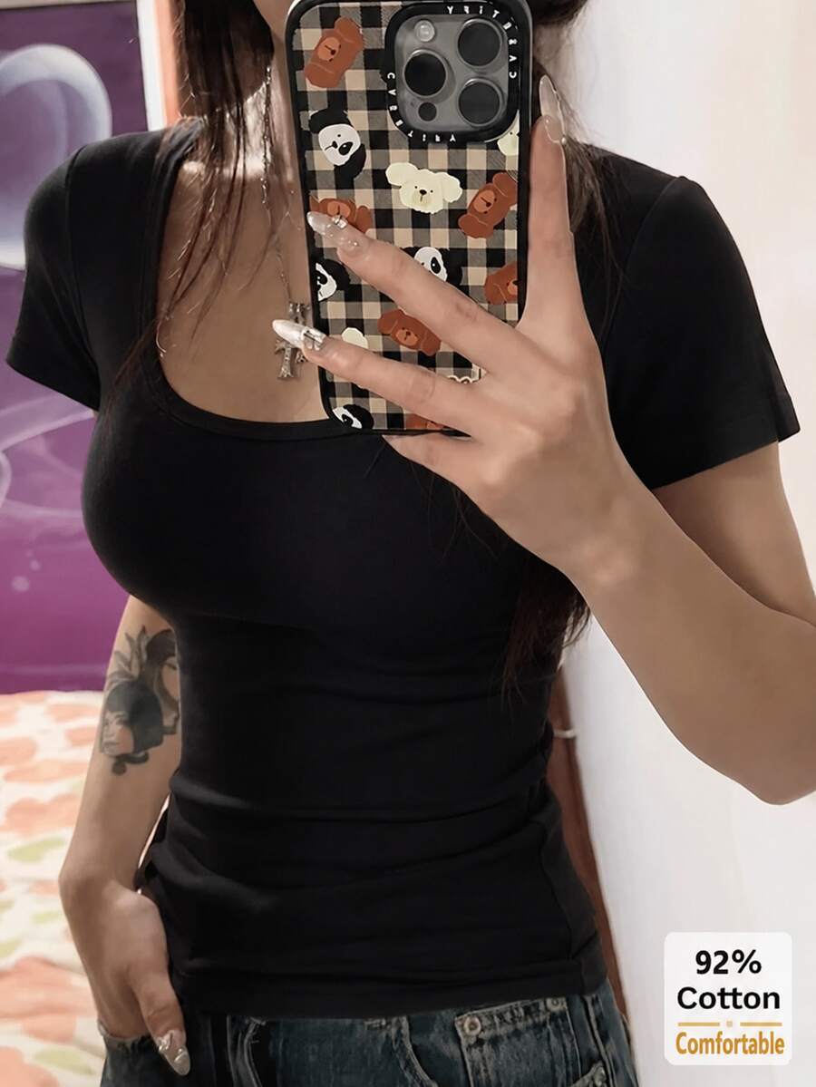 女款素色U領短袖T恤,百搭休閒修身內搭上衣,夏季黑色 - 黑色 - 查看 1