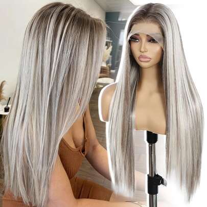 71.12cm Elegant Gray-Brown & Gold Highlight Lace Front Wig, Suitable For Women, Heat Resistant, Silky Straight Hair, 13x4 Lace Front Design, Full Head Synthetic Wig, Women's Wig, Gold Wig, Heat Resistant & Breathable, Synthetic Fiber Material, Natural Hairline, Free Parting, Suitable For Party And Daily Wear