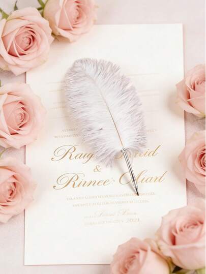 1 pièce Stylo signature en plume blanche fait main, un stylo vintage créatif à la mode, stylo décoratif de luxe, accessoire de photographie de mariage, créateur d'atmosphère, décoration de fête d'anniversaire, convient pour la signature de mariage, le bureau professionnel, la calligraphie, le journal intime, l'affichage de bureau, les accessoires photo et les cadeaux personnalisés d'anniversaire et de fête (la longueur de chaque stylo varie)