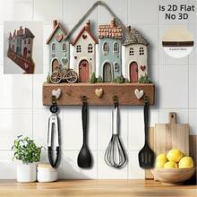 1pc 2D Wooden Multi-Function Key Holder - Key Storage Hook, Featuring "House Heart Bicycle" Pattern, Equipped With Metal Hooks, Suitable For Wall Decor, Porch Decor, Room Decor, Villa Decor And Seasonal Home Decor - Multicolor - View 5