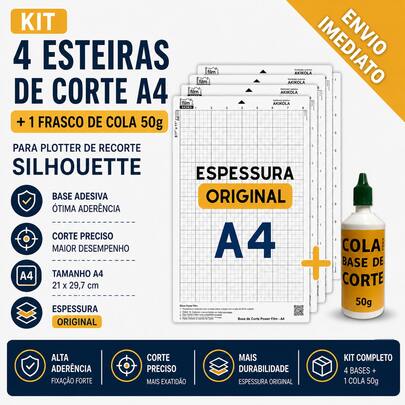 Kit 4 Esteiras de Corte A4 com Cola + 1 Frasco de Cola para Base 50g - Plotter de Recorte Silhouette | Base Adesiva Ótima Aderência