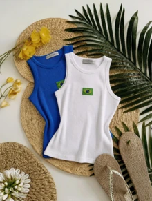 Set Of 2 Tank Tops With Embroidered Brazilian Flag - Blue/White - View 3