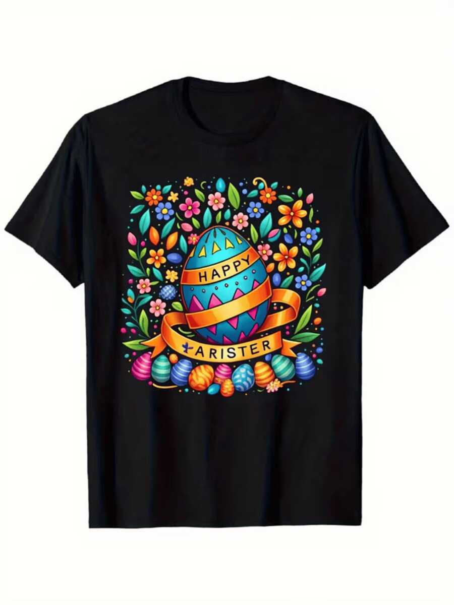 Huevos coloridos rodeados de flores brillantes simbolizan alegría renovación y esperanza en una celebración festiva de la vida camiseta de mujer casual cómoda ideal para temporada alegre - Negro - Ver 1