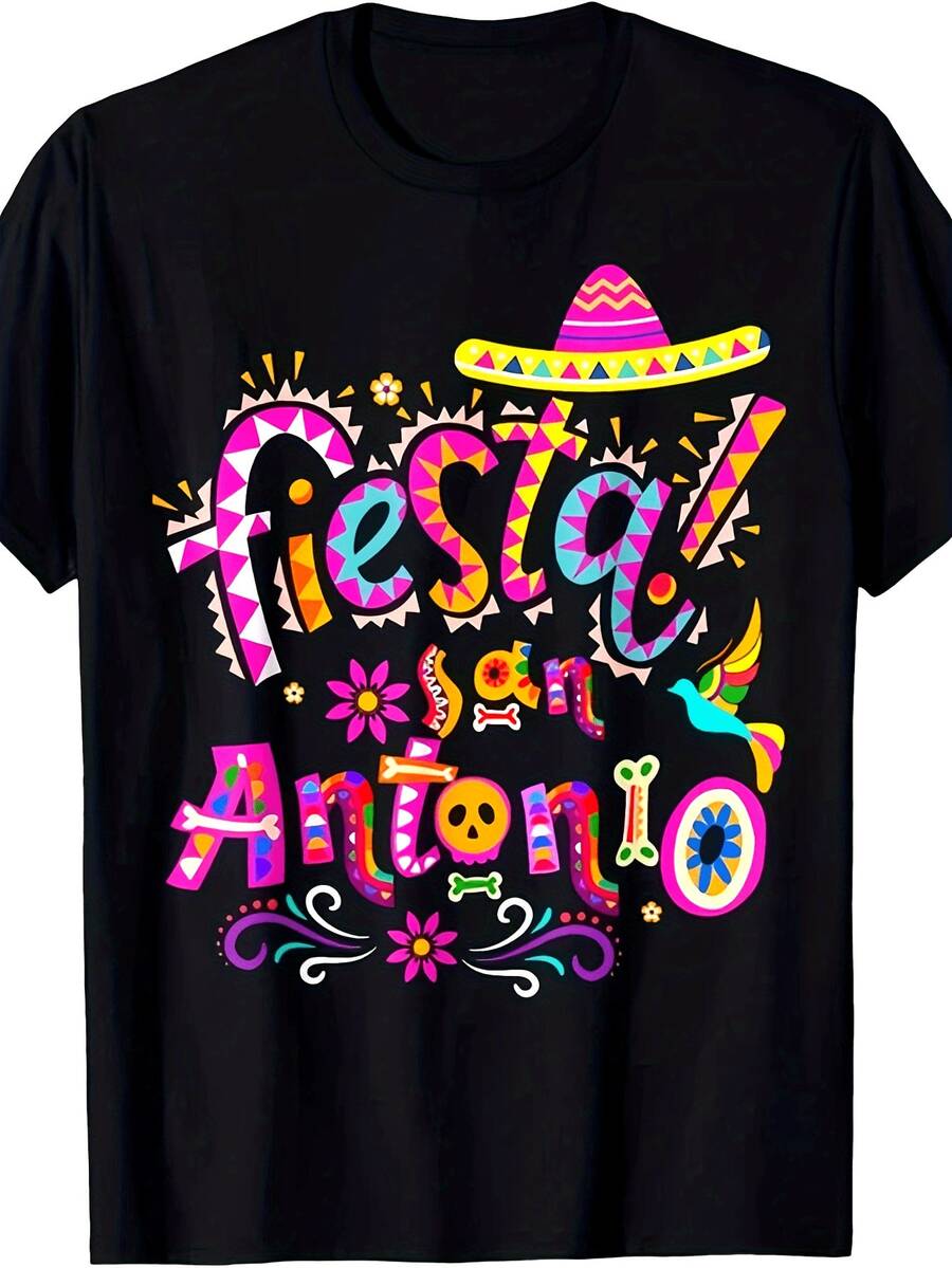 Camiseta de San Antonio, Texas, para Hombre y Mujer, para el Cinco de Mayo - Camiseta de Fiesta Mexicana con Texto "Fiesta", Gráficos de Sombrero y Maracas, Ajuste Elástico para Todas las Temporadas, Ropa Tex-Mex para Celebraciones y Atuendo Casual, Lavable a Máquina MexicanSoft - Negro - Ver 1