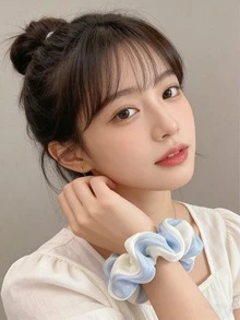 1/2件漸層網紗大腸圈髮圈，時尚褶皺髮帶適合女性髮型，青少年與成人馬尾適用多功能髮飾彈性髮圈 - 彩色 - 查看 5