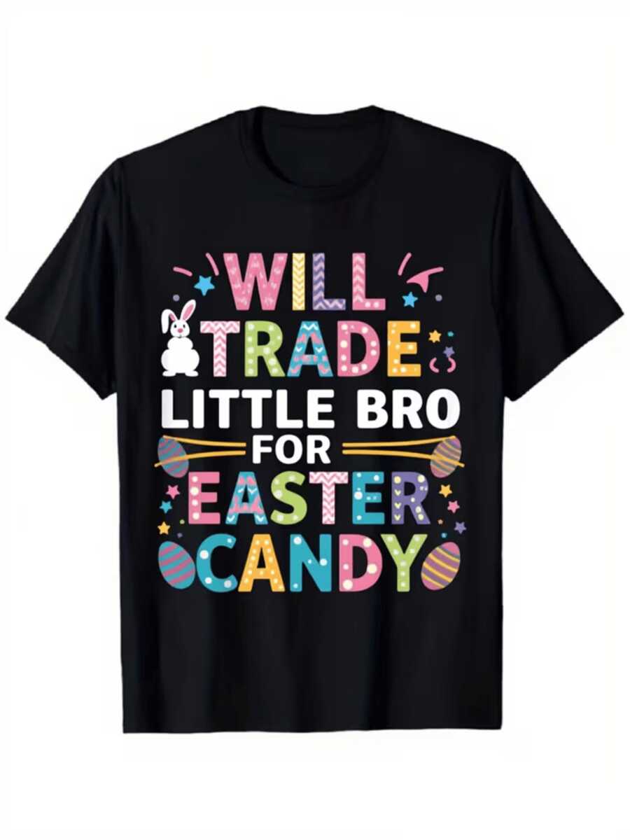 A Cheerful White Rabbit Surrounded By Stars And Colorful Candies Symbolizes The Fun Spirit Of Easter And The Sweetness Of Sharing Happy Moments. A Modern, Casual Women's T-Shirt For A Themed Party. - 黑色 - 查看 1