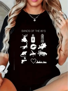 Símbolos nostálgicos que evocan la energía creativa y rebelde de los años 80 con siluetas icónicas y formas llenas de fuerza y diversión camiseta de mujer moderna casual cómoda para uso diario - Negro - Ver 8