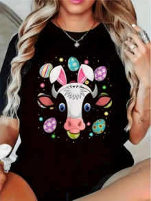 Cabeza de vaca con orejas de conejo rodeada de huevos coloridos y flores que evocan alegría y ternura camiseta de mujer casual moderna para uso diario cómoda y atractiva - Negro - Ver 8