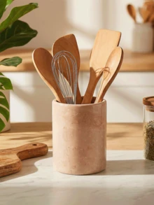 1pc Japanese Style Ceramic-Like Tableware Storage Canister, Cream White, Suitable For Kitchen Utensils, Chopsticks, Kitchen Countertop, Kitchen Utensil Rack, Large Kitchen Tool Holder, Spatula Storage Can, Pen Holder - Multicolor - View 2