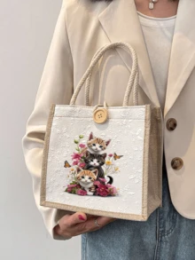 卡通猫咪印花手提袋，字母图案，可重复使用印花手提包，女士双提手购物袋/背包，大容量单肩包，休闲手提袋，情人节收纳袋，返校午餐包，适合通勤、上学和购物，方便户外活动 - 彩色 - 查看 13