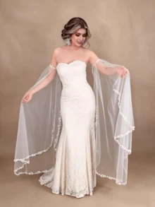 2pcs Solid Color Lace Trim Bridal Sleeves, Floor-Length Sheer Fabric, Suitable For Wedding, Beach, Party Dresses, Spring/Summer,Festival,Elegant - Multicolor - View 5