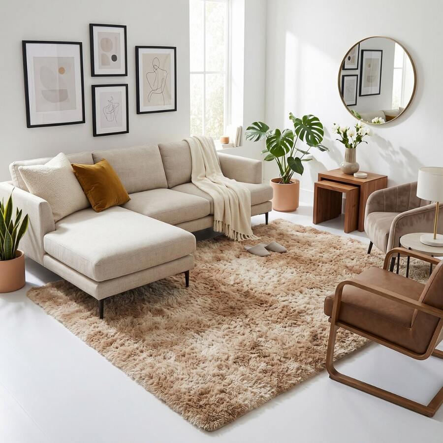 Large Soft Shaggy Rug 2.00x2.50m, Non-Slip, For Living Room And Bedroom, Various Colors - Mixed Beige - View 1