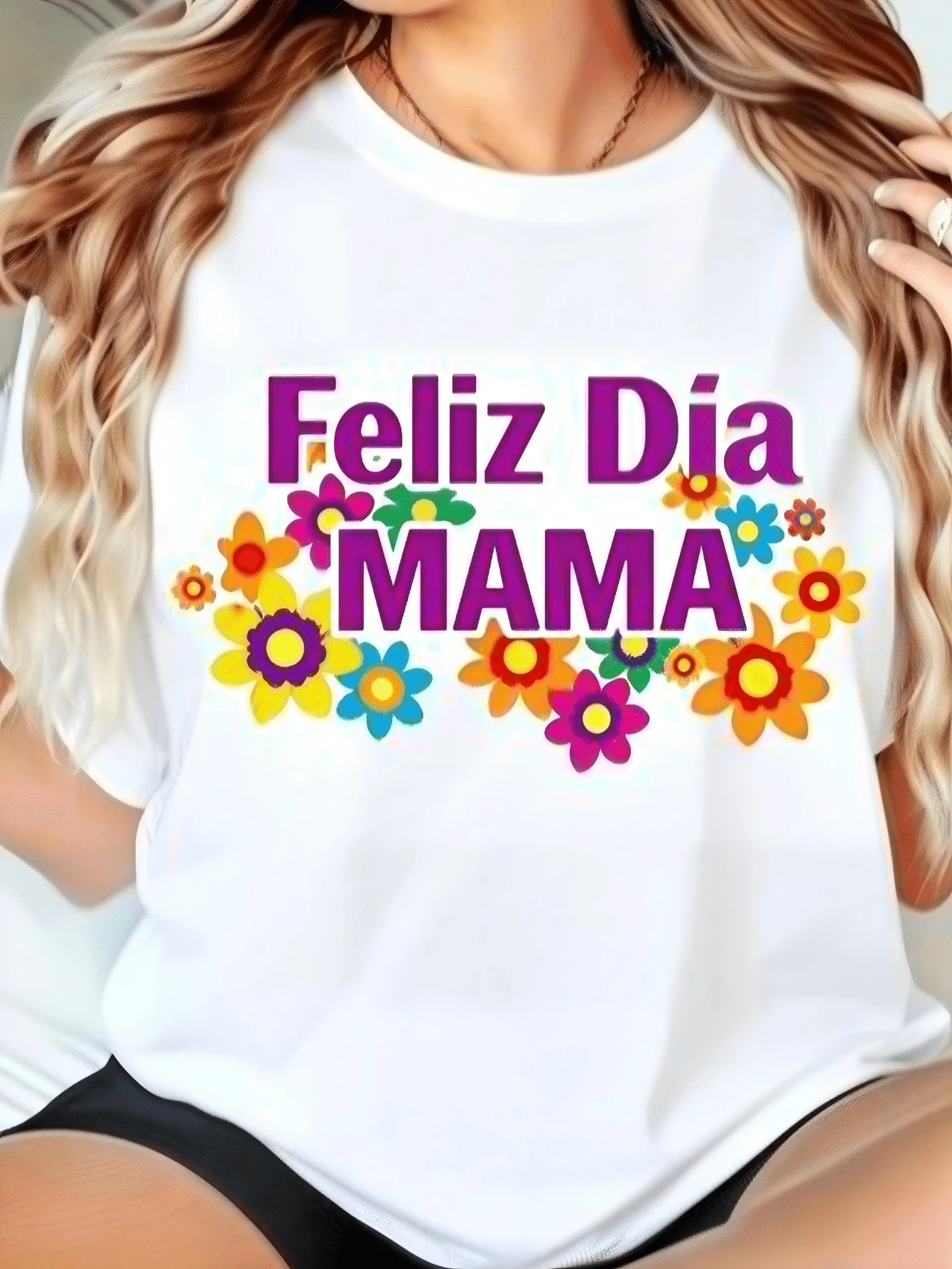 Women's Round Neck Short Sleeve T-Shirt, Comfortable And Breathable; Feminine Casual Wear, Versatile Garment; Happy Mother's Day And Flowers Print, Showcasing Feminine Fashion; Various Styles, Easy To Match With All Kinds Of Styles. - 白色 - 查看 1