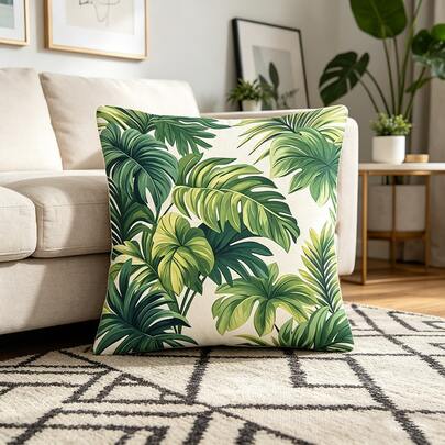 1PC Tropical Plant Pattern Pillow Cover, Double-Sided Printed Pillowcase, Perfect As A Gift, Creating A Tropical Atmosphere With Green Leaves. Perfect As A Birthday Gift, Versatile Decorative Pillow Cover (Excluding Pillow Core)