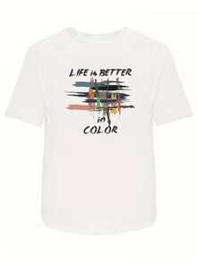 Frases inspiradoras con trazos de colores que simbolizan la alegría de vivir y la energía creativa en equilibrio con la positividad diaria camiseta de mujer casual moderna y cómoda para uso urbano - Blanco - Ver 8