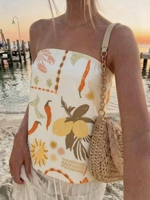 Look Polly 女士性感无肩带露脐上衣，露背个性图案衬衫，沙滩度假休闲衬衫 - 白底橘花 - 查看 3