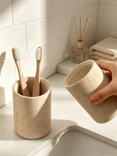 1pc Resin Toothbrush Holder, Suitable For Bathroom Toothbrush Holder, Rinse Cup, Vanity Tray, Soap Dish, Bathroom Accessory Set, Bathroom Storage Rack, Faux Stone Bathroom Accessories, Home Decor, Bathroom Decor, Fall Decor, Back To School Storage