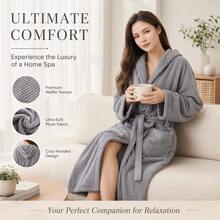 1pc Hooded Bathrobe, Breathable Pineapple Plaid Design, Quick-Dry & Non-Shedding, Unisex Coral Fleece Robe, Sleepwear, Couple Long Bathrobe, All Season - Grey - View 3