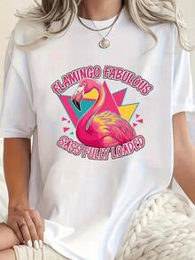 Flamenco colorido con fondo geométrico que representa energía alegría y confianza en uno mismo camiseta de mujer moderna y casual para uso diario - Blanco - Ver 1