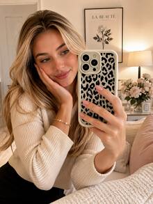 1 pieza Funda de teléfono TPU con estampado de niña elegante compatible con iPhone 17/16 Pro Max/15 Plus/14 Pro y otros teléfonos, estilo de estampado de leopardo con brillo, con cordón, protección de Body completo, recortes precisos - Blanco - Ver 7