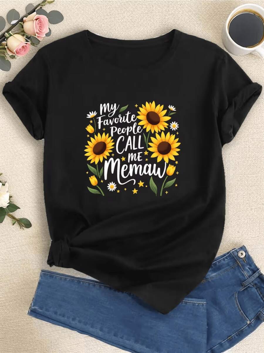 Girasoles brillantes con pequeñas estrellas y frases tiernas que celebran el amor familiar expresando alegría y cariño a través de colores cálidos y energía positiva camiseta de mujer casual cómoda para uso diario - Negro - Ver 1