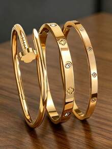 Bộ 3/1 vòng tay hình cỏ bốn lá bằng thép không gỉ mạ vàng 18K, thích hợp đeo đi dự tiệc và hàng ngày, kiểu dáng Châu Âu và Mỹ, cá tính và thanh lịch, vòng tay đính đá Cubic Zirconia sang trọng, bộ trang sức cưới, món quà hoàn hảo thích hợp cho đám cưới, sinh nhật và ngày Valentine. - Vàng - Xem 1