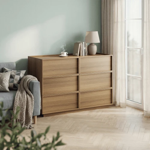 Kommode Mit Sechs Schubladen, Moderner Kleiderschrank/Schrank, Aufbewahrungsmöbel Aus Holz, Schminktisch, Geeignet Für Wohnzimmer, Schlafzimmer, Flur,115 X 48 X 78cm Eichenfarbe