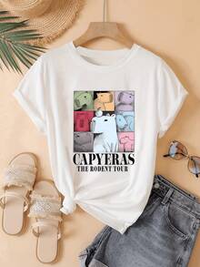 Diversos capibaras en tonos suaves representan la armonía natural y la amistad entre los seres vivos camiseta de mujer casual cómoda para uso diario moderna y alegre - Blanco - Ver 8