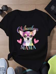 Cabeza de chihuahua colorido con ojos brillantes y corazones rosas que simbolizan amor y ternura para las madres orgullosas camiseta de mujer casual cómoda y moderna - Negro - Ver 8
