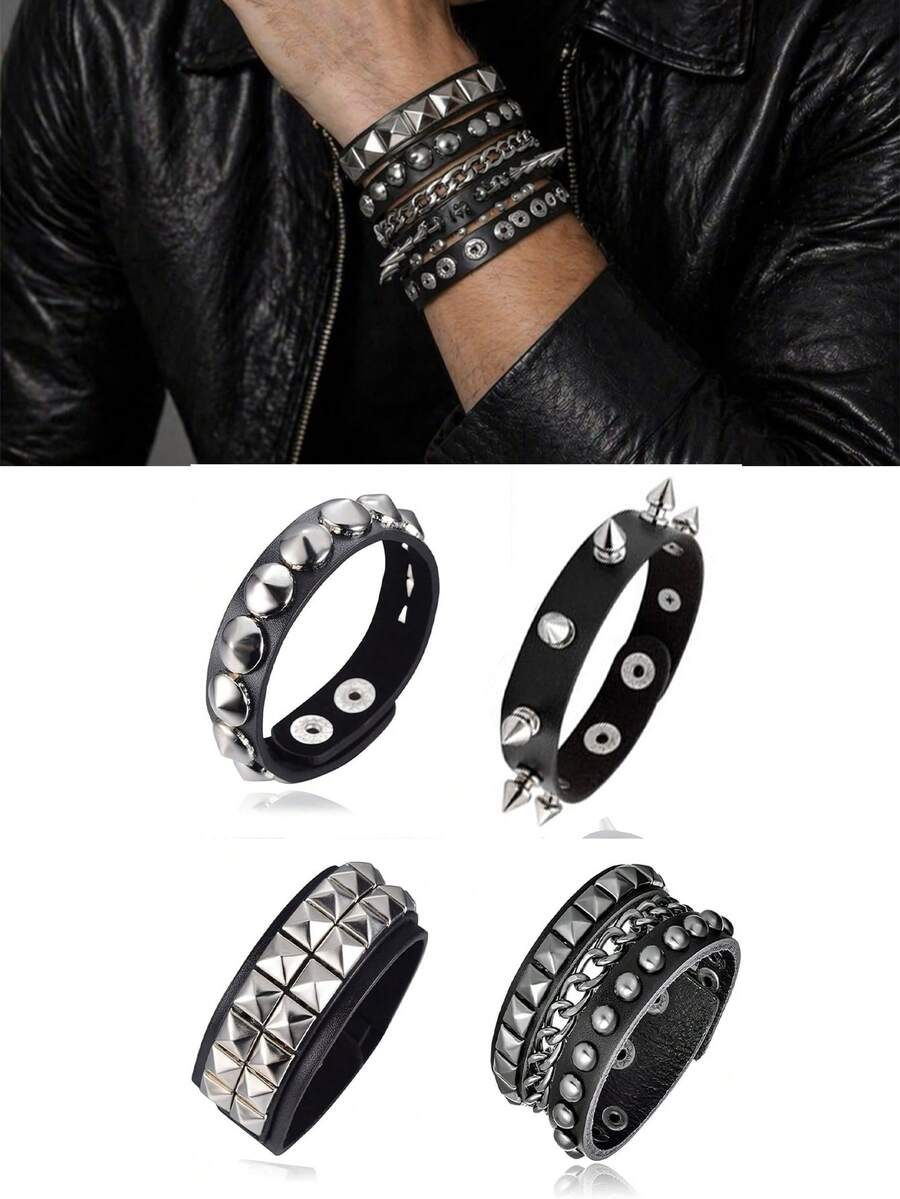 1-4 piezas Pulsera de cuero ancha de estilo gótico punk rock con calavera y diablo con remaches y picos, ajustable para hombres - Plateado - Ver 1
