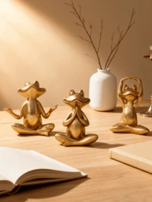 瑜伽爱好者礼品树脂摆件套装，金色瑜伽蛙禅意冥想雕像，现代家居装饰，适用于客厅、卧室和瑜伽空间，完美的乔迁礼物，为禅意和中性色调的室内装饰增添宁静氛围 - B - 查看 4