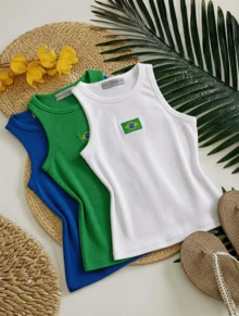 Set Of 3 Tank Tops With Embroidered Brazilian Flag - White/Green/Blue - View 3