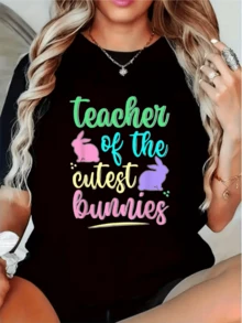 Dos tiernos conejos de colores pastel simbolizan la dulzura y la enseñanza con afecto un mensaje alegre que inspira ternura y amor por los animales camiseta de mujer casual cómoda ideal para uso diario - Negro - Ver 8