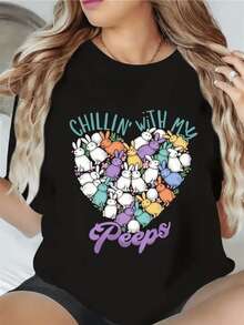 Corazón formado por tiernos conejitos de colores abrazados entre flores que transmiten amistad alegría y dulzura perfecta para expresar una personalidad encantadora y optimista camiseta de mujer casual cómoda y divertida - Negro - Ver 8