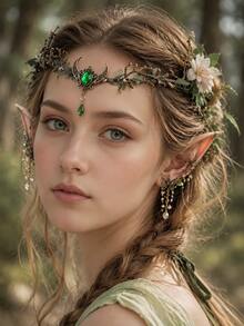 MESHUOKAI Halloween Elf Goddess Headpiece, Elegant Forest Style Green Gemstone Crown, Forest Elf Theme Party Accessory, Cosplay Headpiece - Multicolor - View 1
