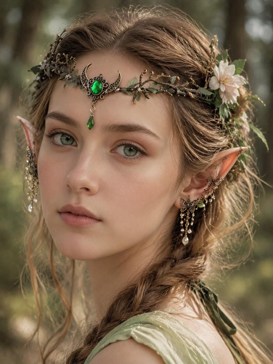 MESHUOKAI Halloween Elf Goddess Headpiece, Elegant Forest Style Green Gemstone Crown, Forest Elf Theme Party Accessory, Cosplay Headpiece - Multicolor - View 1