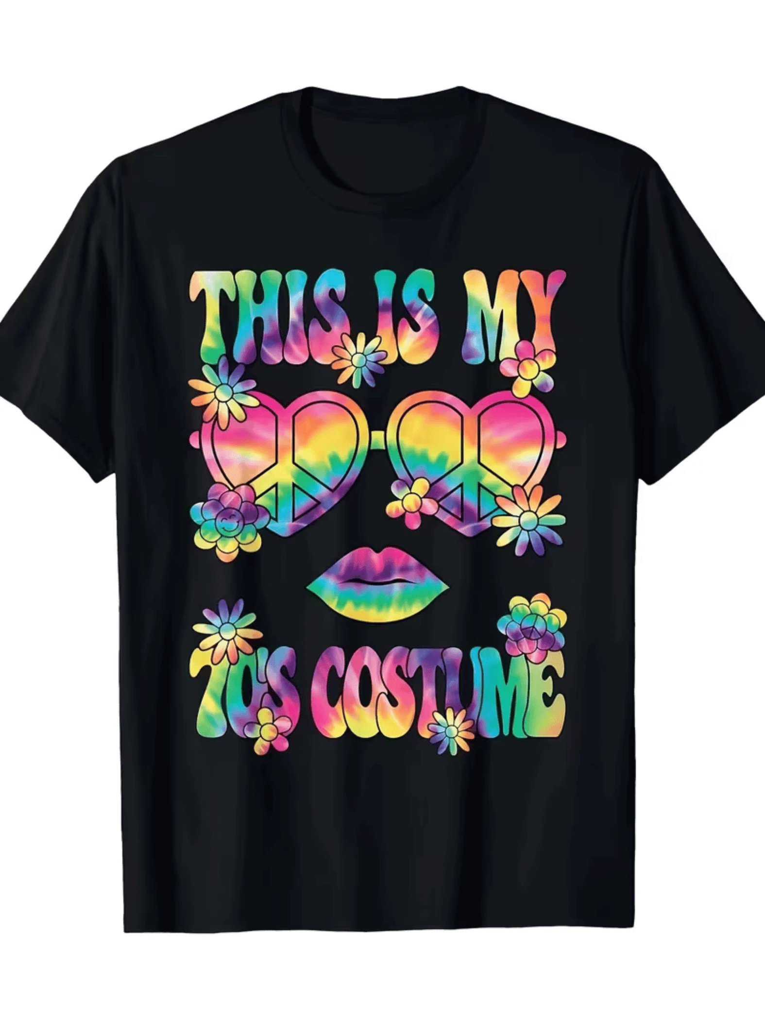 Símbolos de paz en forma de corazón con colores arcoíris y labios rodeados de flores evocando libertad y energía positiva de los años setenta camiseta de mujer casual cómoda para uso diario - Negro - Ver 1