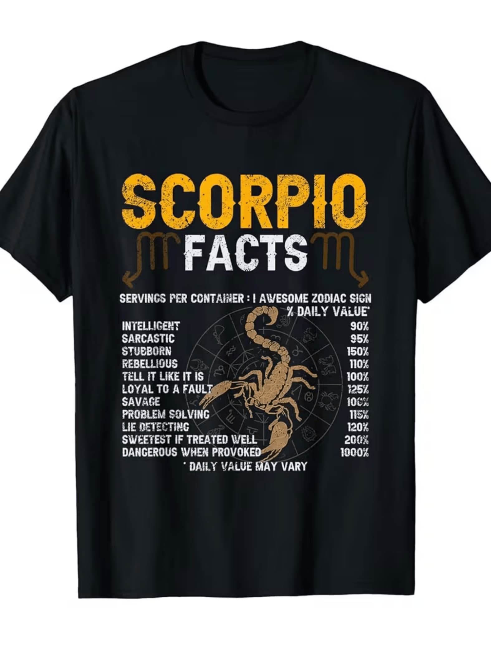 The Golden Scorpion, Centered On Astral Symbols, Represents The Inner Strength, Passion, And Mystery Inherent In The Zodiac Sign, Highlighting Traits Such As Intelligence, Loyalty, And Determination. This Women's T-Shirt Features A Modern Zodiac Message And An Elegant Appearance. - 黑色 - 查看 1