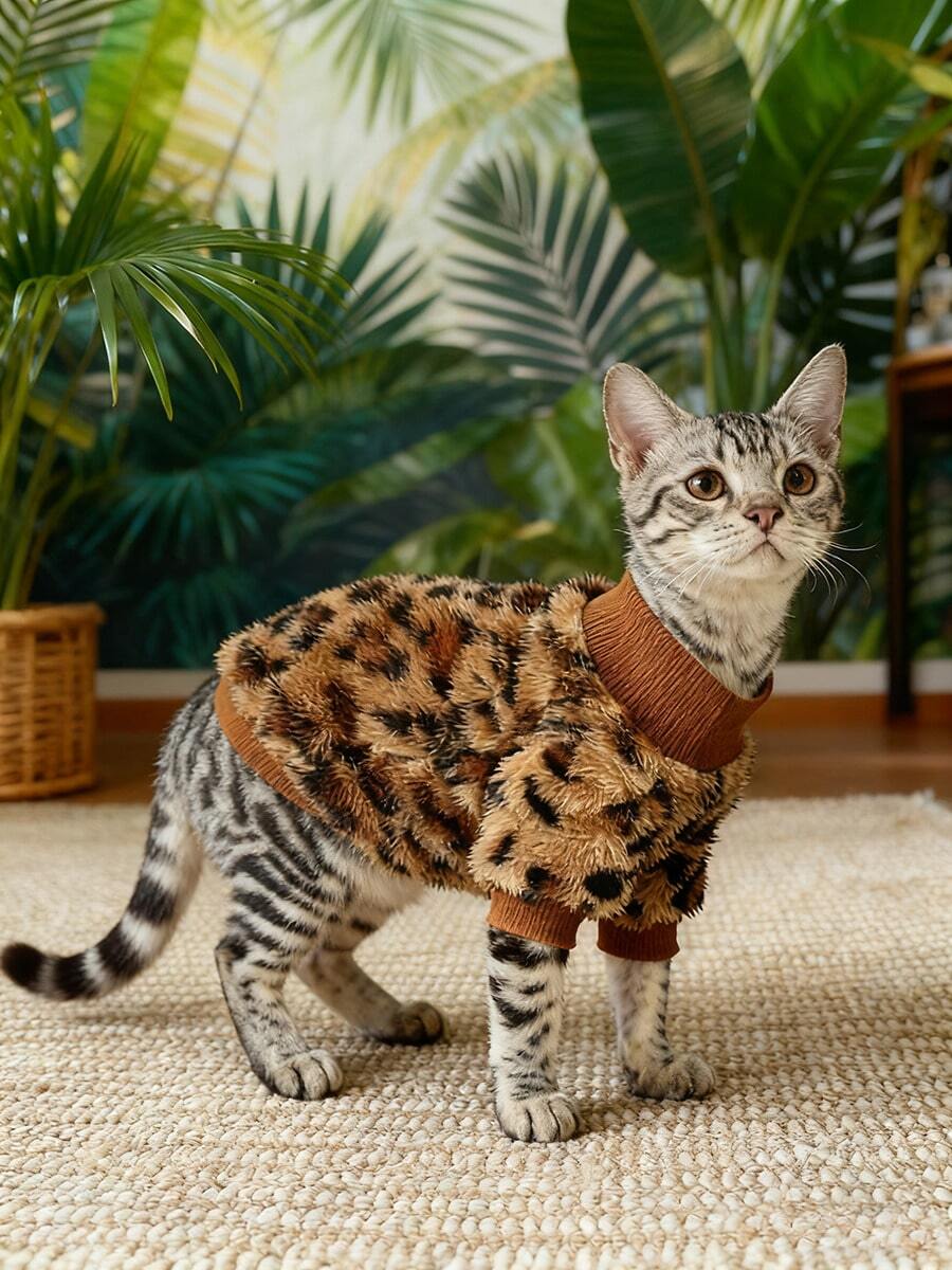 Leopard Print Fleece High Collar Jacket With Leg Holes, Warm For Hairless Cats, Cornish Rex, Sphynx Cats In Autumn/Winter - Brown - View 1